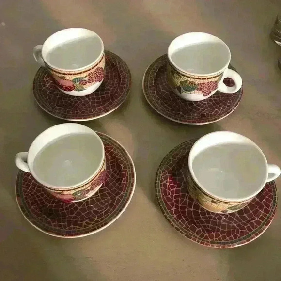 Set of 4 Vintage "Mosaic Fruit" Cups and Saucers~Italy~Pier 1 TUSCAN Red Crackle - Picture 2 of 12